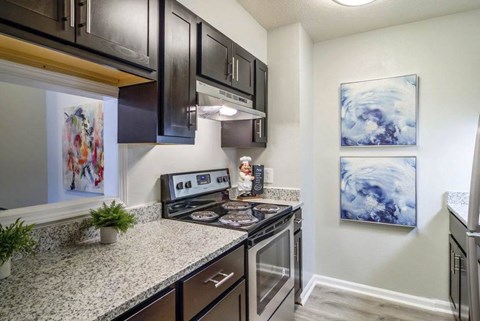 A kitchen with a granite countertop and a stove top oven at The Onyx Hoover Apartments, Alabama, 35216